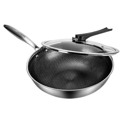 Silver 304 Stainless Steel Honeycomb Wok 2.35kg Coating Frying Pan 22.5cm Handle
