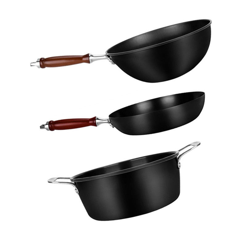 Three Piece Carbon Steel Non Stick Wok Set 1.25kg 6.2cm Height